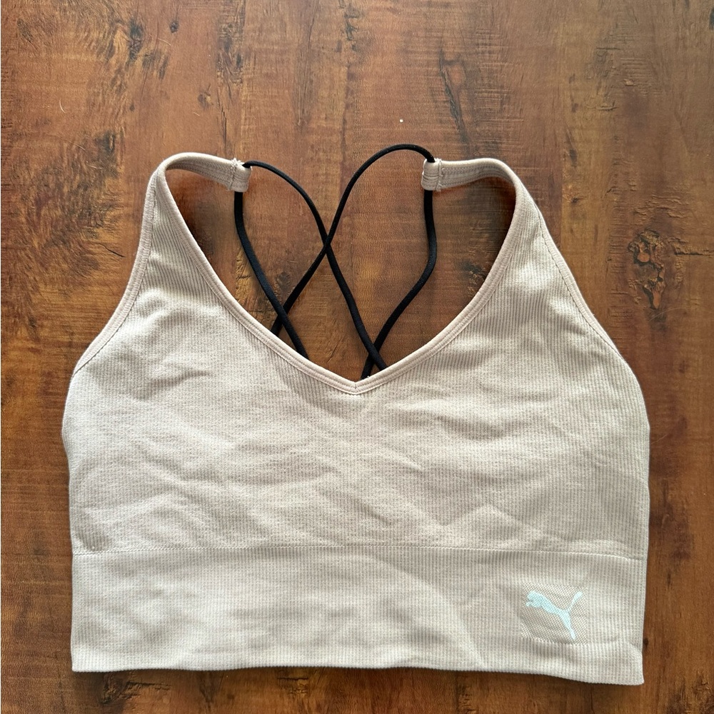 Puma Women's Beige Sports Bra with Black Straps